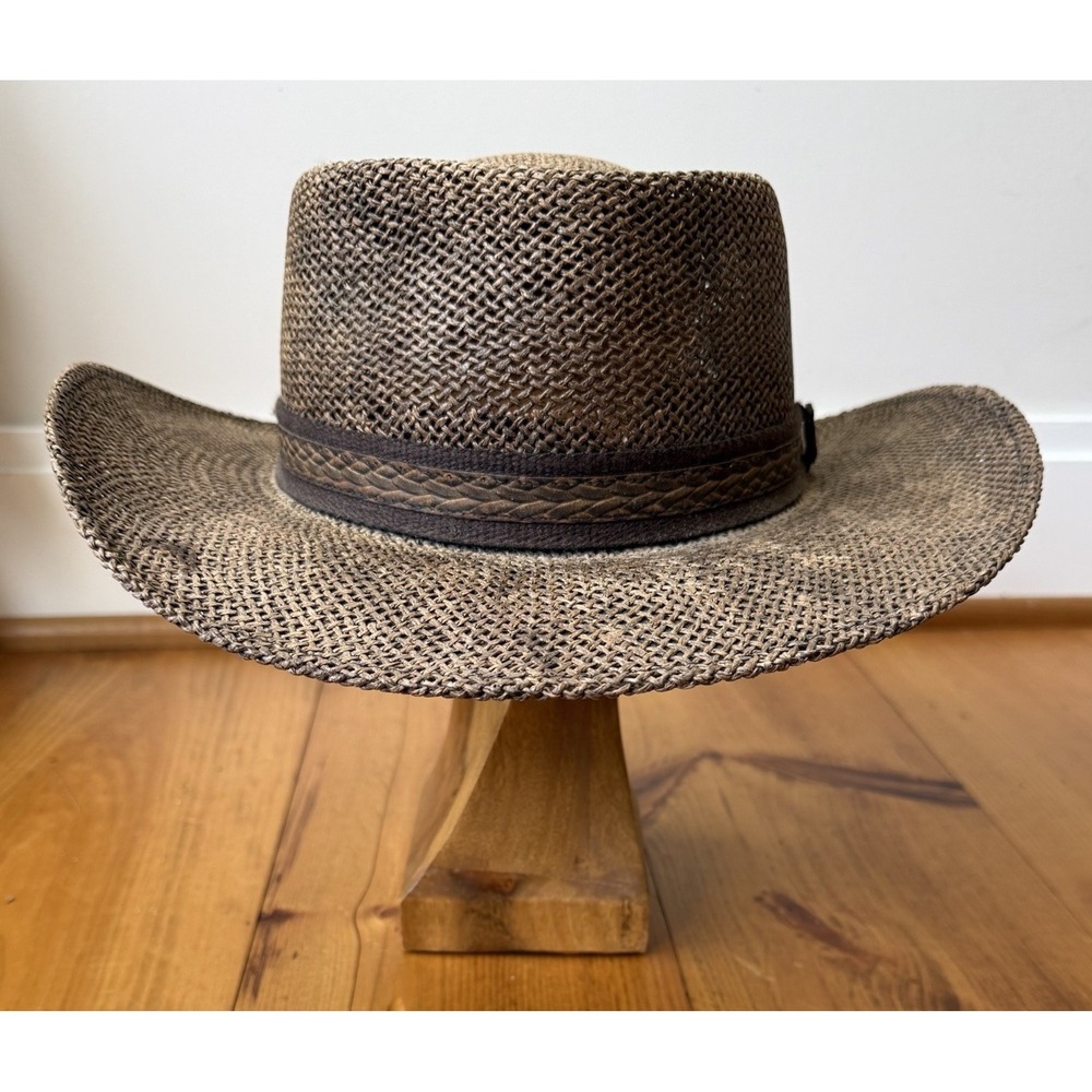 VTG Stetson Straw Western Cowboy Hat Brown Distressed Ranch Outback OSFA